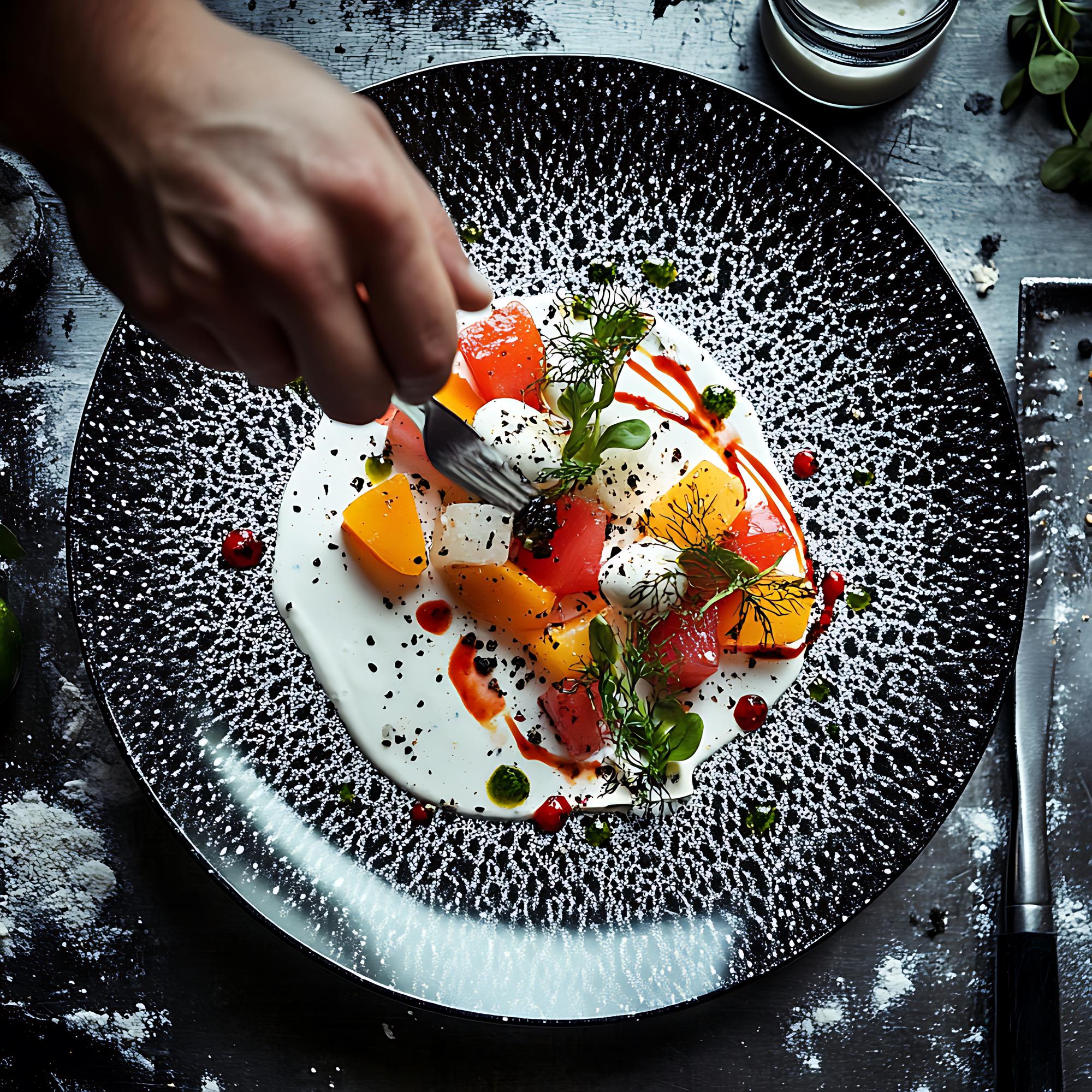 Chef arranging plated gourmet dish with elegant styling